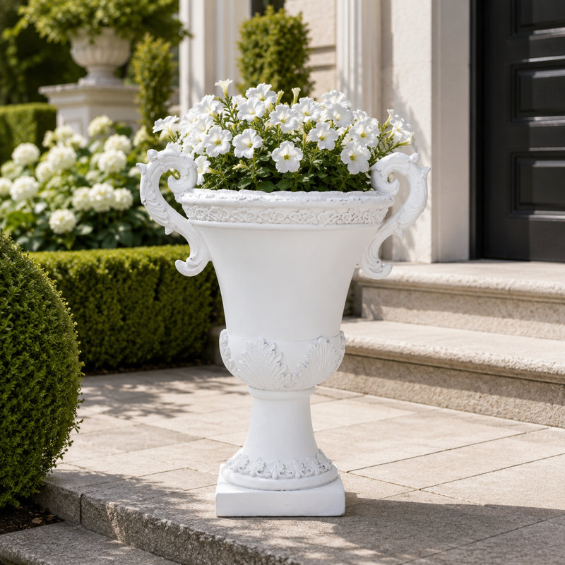 Urne de jardin blanche antique MGO, oxyde de magnésium, H 19,25 po, White