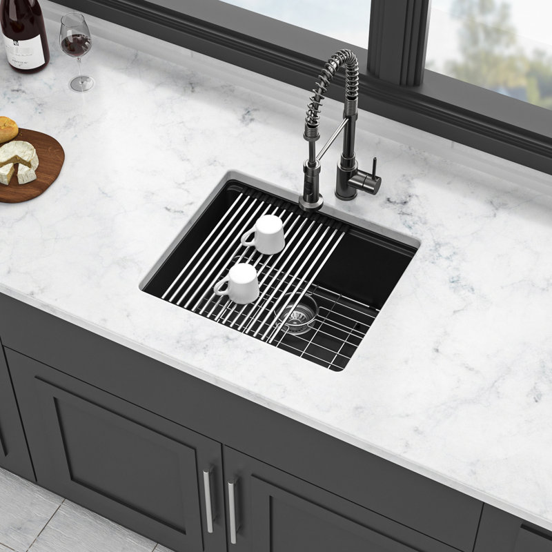 Évier de cuisine noir encastré de 21 po x 18 po, composite de quartz de qualité supérieure, épais et silencieux avec élimination des vibrations, surface dure non égratignée, coins arrondis pour un nettoyage facile,
