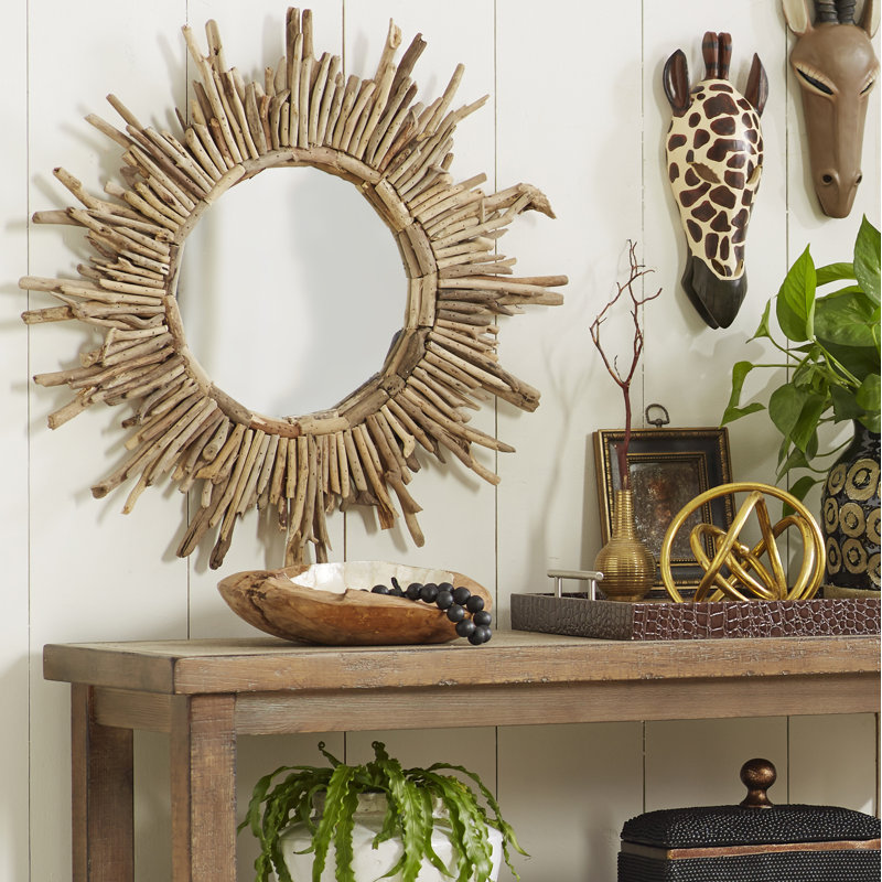 Round Driftwood Framed Sunburst Wall Mirror
