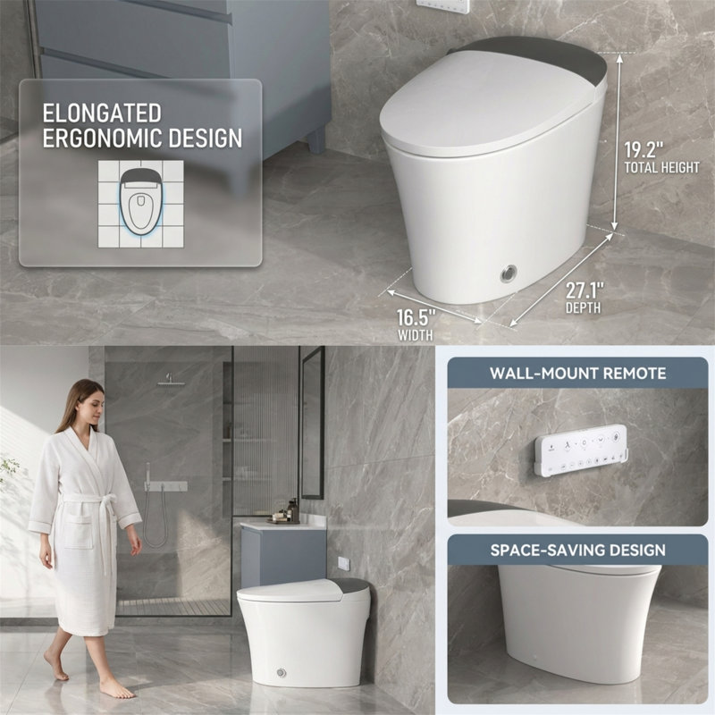 Elongated One Piece Smart Toilet with Bidet Built In, Heated Seat (4 Levels), Warm Water & Dryer, Dual-Flush 1/1.28 GPF MAP 1000g, Night Light, Remote Control
