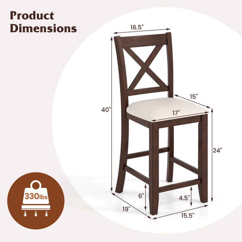 Rubber Wooden Bar Stools  With Footrest Comfortable Linen Cushion, 2