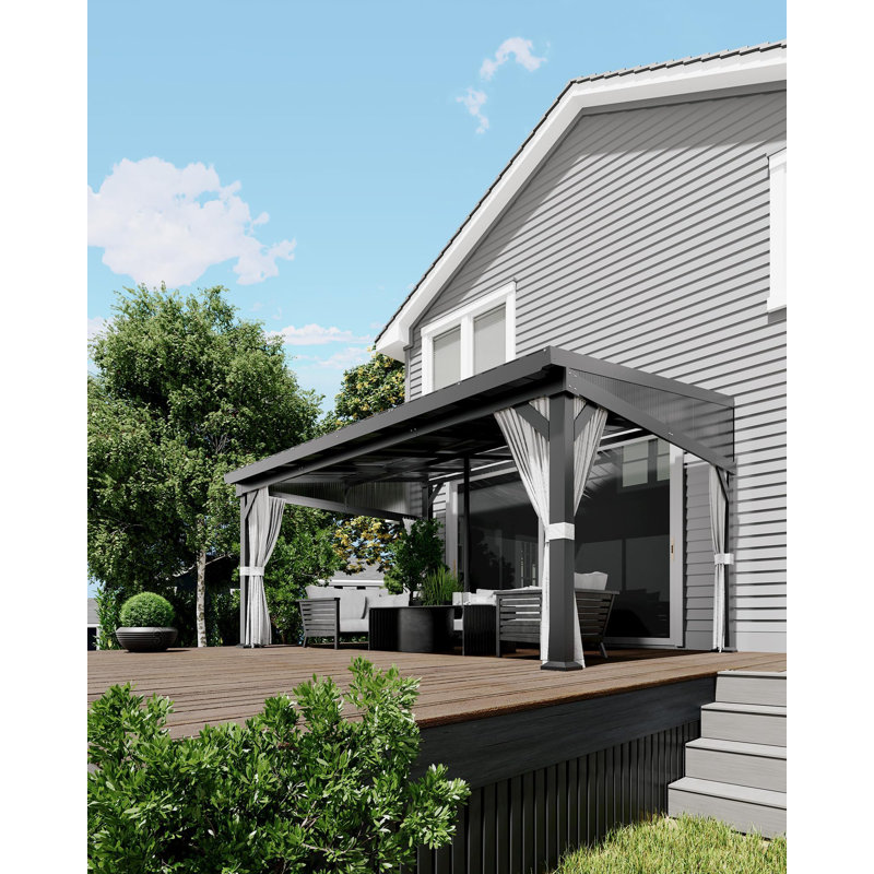 10'x14' Wall-Mounted Hardtop Lean to Gazebo with Aluminum Frame & Galvanized Steel Roof, Netting & Curtains for Patio,Garden