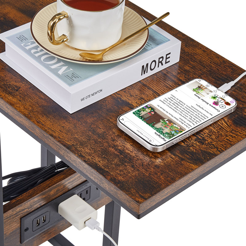C End Table With USB And Built-In Outlets, Brown Top/Black Base
