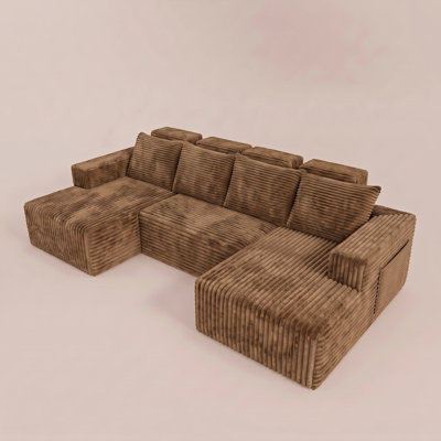 113"Brown Corduroy Cloud Modular Boneless U-Shaped Sectional Sofa, Deep Seat Couch with 2 Chaises for Living Room