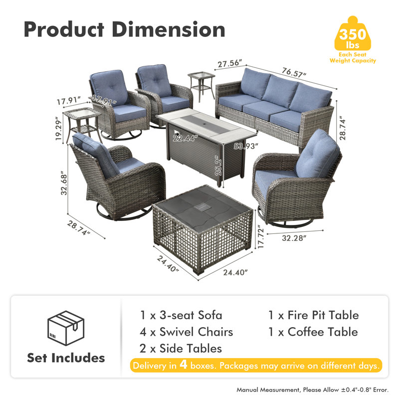 Jordanlee 7- Person Outdoor Seating Group With Rocking Swivel Chairs With Fire Pit Table, Blue