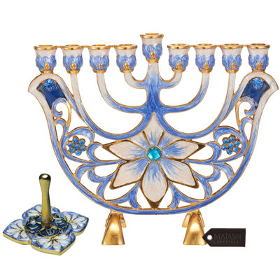 Ensemble de fêtes juives - candélabre de la menorah bleue et ivoire à fleurs peintes à la main et dreidel floral bleu pour Hanoukka par Matashi