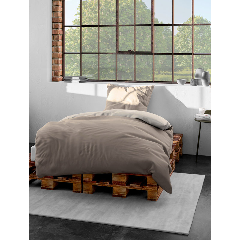 Borchers Hypoallergenic 100% Cotton 145 TC Reversible Duvet Cover Set, 135 x 200 cm - 1 Pillowcase (80 x 80 cm), Mocca