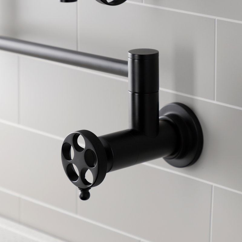 Kingston Brass Wendell Two-Handle 1-Hole Wall Mount Pot Filler Faucet with Knurled Handle, Matte Black