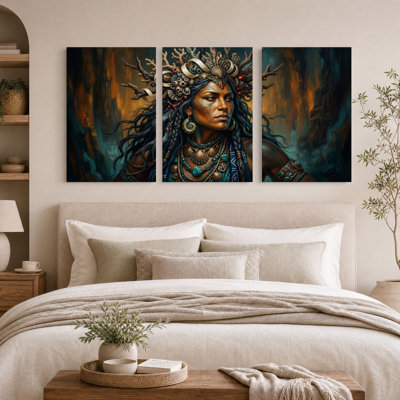 Femme avec couronne de corail et ensemble de bijoux turquoise sur toile 3