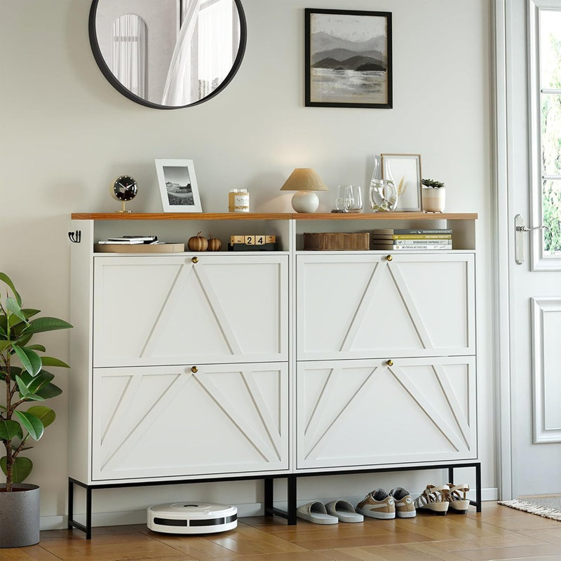 Armoire de rangement pour chaussures avec 2 tiroirs rabattables, organisateur de rangement de chaussures caché moderne, étagère à chaussures autoportante étroite en bois avec détecteur de mouvement, couloir, vestibule, blanc