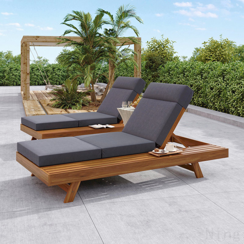 Ensemble de méridienne avec appui-tête, espace disponible sur un côté, bois d'acacia avec coussins de salon résistants à l'eau (gris foncé et 3 fois et 4 pouces) - version crème / beige assortie disponible