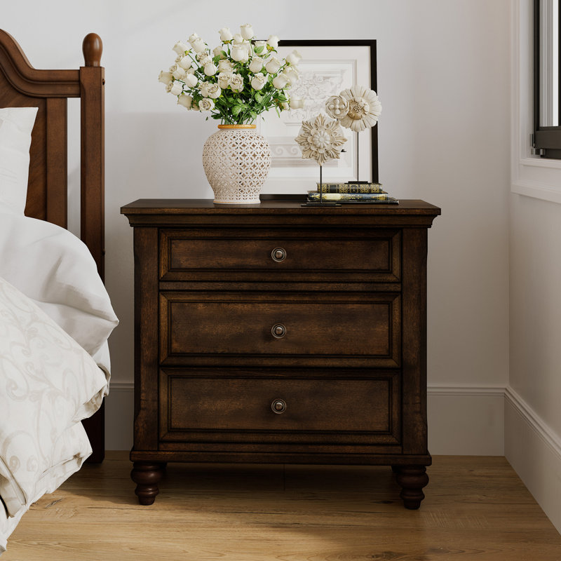 Orwell Solid Wood 3-Drawer Nightstand, Dark Walnut