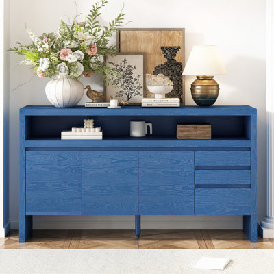 Buffet 60 po 3 portes avec 3 tiroirs - panneau de fibres à densité moyenne en placage de frêne massif moderne, tablette semi-ouverte et découpe centrale semi-circulaire dans le panneau arrière, grande armoire de rangement
