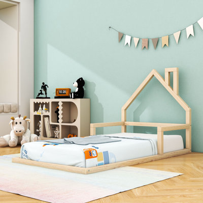 Wood Floor Bed With Playful House-Shaped Headboard And Slats by Harriet Bee