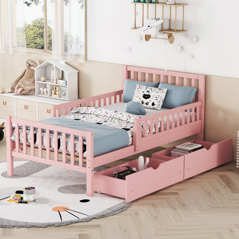 Space-saving Twin Wood Platform Bed With Guardrails And Storage, Pink - Modern Design For Cozy Bedrooms