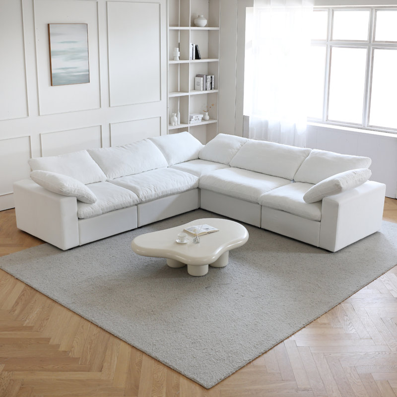 Kenda Faisa 5 - Piece Upholstered Slipcovered Sectional, White Linen Blend