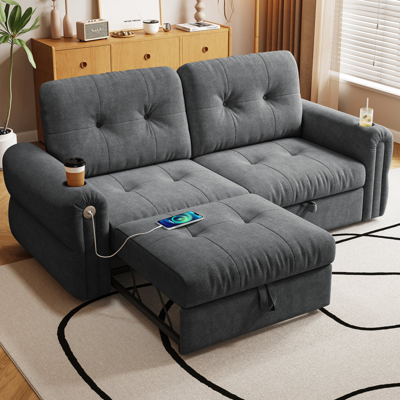 Lit convertible multifonctionnel de 77 pouces pour chambre à coucher, salon, appartement et bureau personnel, tissu de flanelle, rembourrage en mousse, style minimaliste gris foncé, cadre en mousse facile à manipuler, hauteur acier