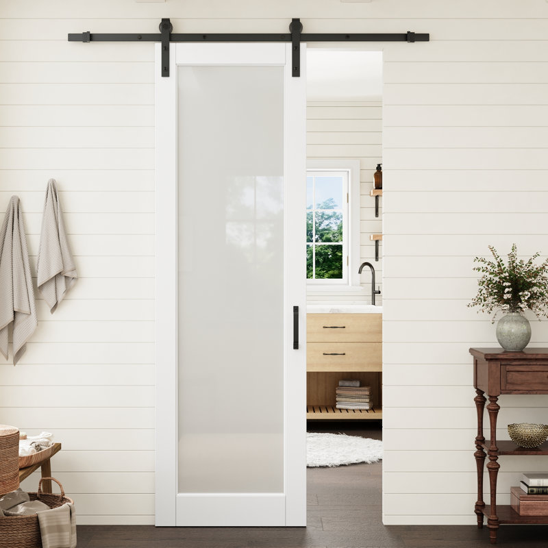Porte vitrée pleine hauteur 30 po x 96 po avec quincaillerie noire pour porte de grange, idéale pour un garde-manger ou une chambre.
