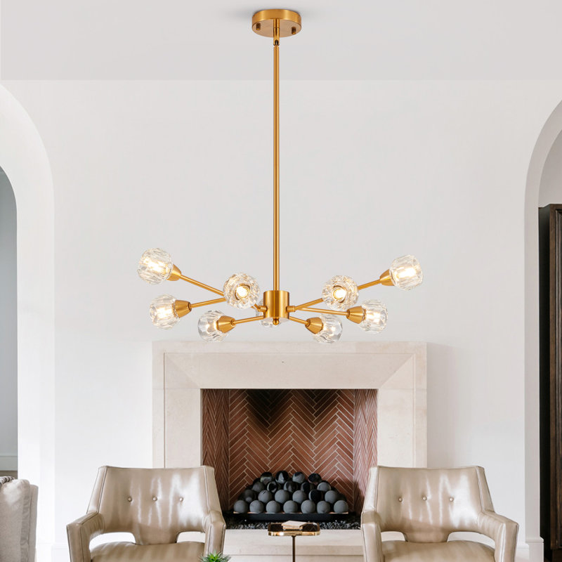 Modern 9-Light Sputnik Chandelier Light with Crystal Glass Shades for Dining Room or Living Room, Gold