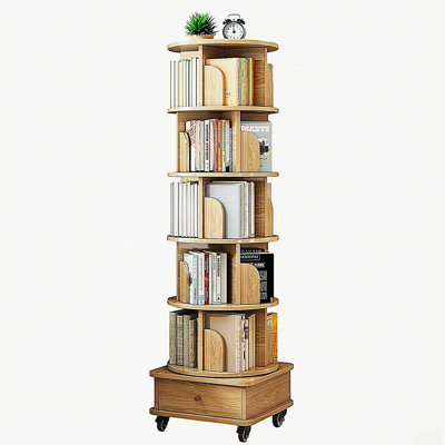 Bibliothèque rotative à 6 niveaux, bibliothèque rotative à 360 ° avec roulettes et tiroir, petite bibliothèque rotative peu encombrante