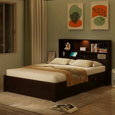 Aseliya Size Wood Platform Bed With Bookcase Headboard, Built-In Downlight, Charging Station, And 2 Side Drawers