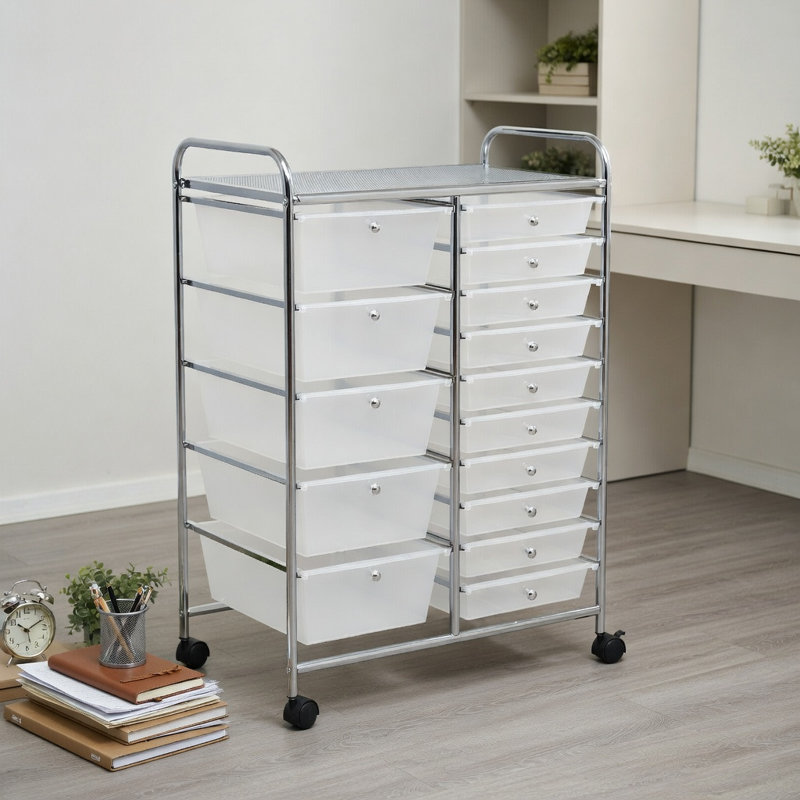  Organisateur de chariot de rangement roulant à 15 tiroirs avec roues verrouillables, structure en acier argenté, tiroirs en plastique transparent pour la maison, le bureau, le garage et la salle de classe, blanc