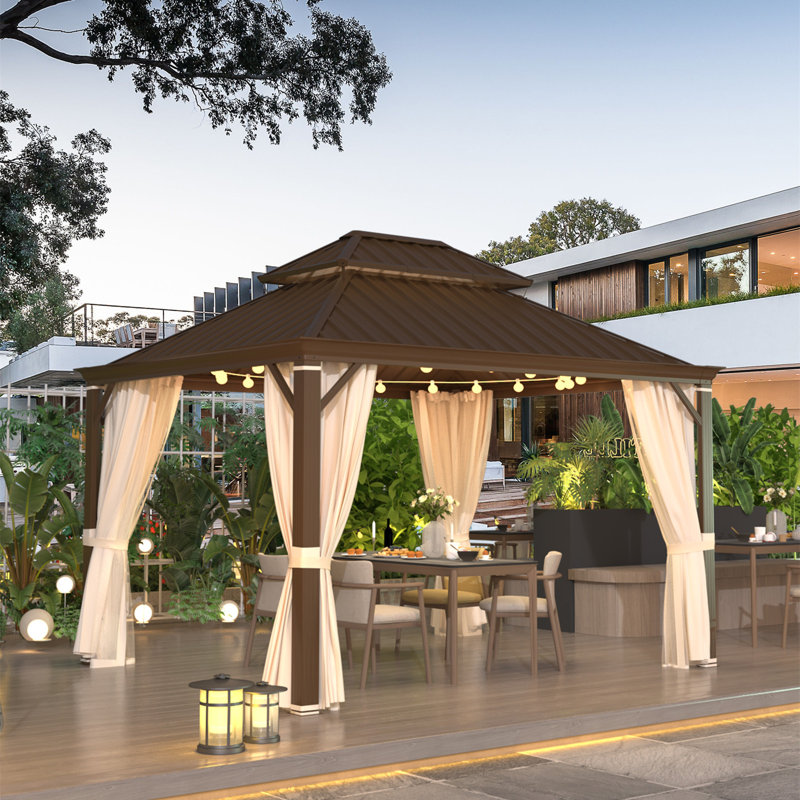 10' W x 12' D Hardtop Gazebo, Double Galvanized Steel Roof & Aluminum Frame for Hot Tub, Deck, Backyard, 10′ W × 12′ D, Brown