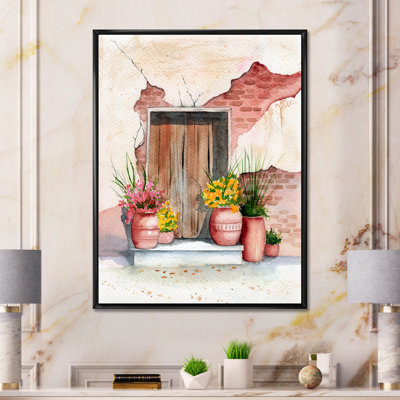 Vieille porte en bois, mur de briques et quelques plantes I - reproduction sur toile