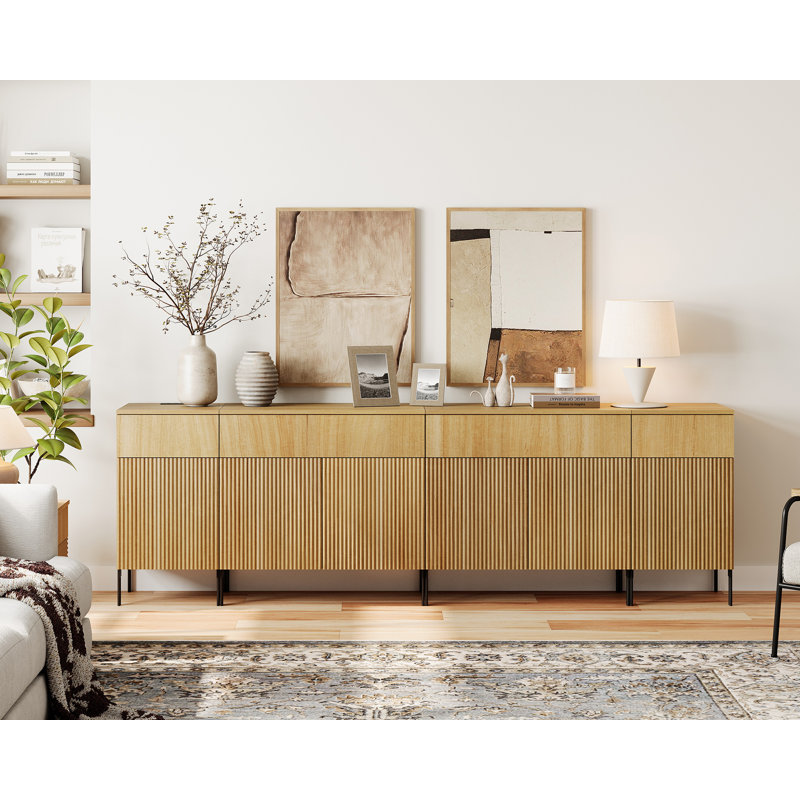 94.5" Reeded Accent Cabinet Set With Charging Station, Modern Credenza Storage Cabinet With Doors And Drawers For Living Room, Kitchen, Dining Room, Hallway