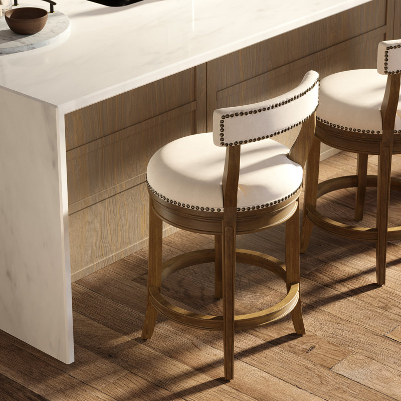 Tabouret de bar à hauteur de comptoir de 26 po avec retour automatique à 180 degrés, siège en similicuir gris, dossier ouvert magnifiquement courbé, garniture cloutée, pieds, finition en tissu d'ameublement tissé, structure de dossier en bois,