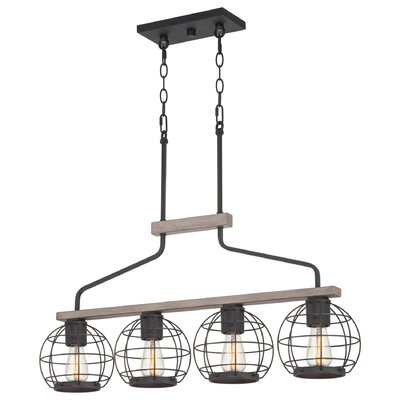 Gracie Oaks Gioula 33.5"" 4-Light Farmhouse Island Light + Round Cage Shades, Light Cedar Wood Style + Textured Black Finish -  0E51D63455724A92A3C6CB7F48B6F492