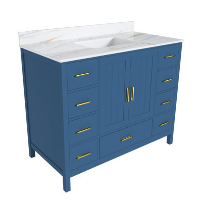 Meuble-lavabo moderne de 42 pouces avec lavabo, comptoir et dosseret en pierre frittée avec 3 trous pré-percés pour robinetterie, 9 tiroirs spacieux et portes à fermeture douce.