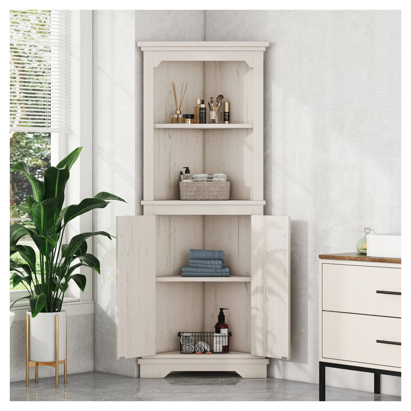 Grande armoire d'angle avec portes - Armoire de rangement beige pour le salon, la salle de bain, la cuisine - Organisateur peu encombrant avec tablettes ouvertes