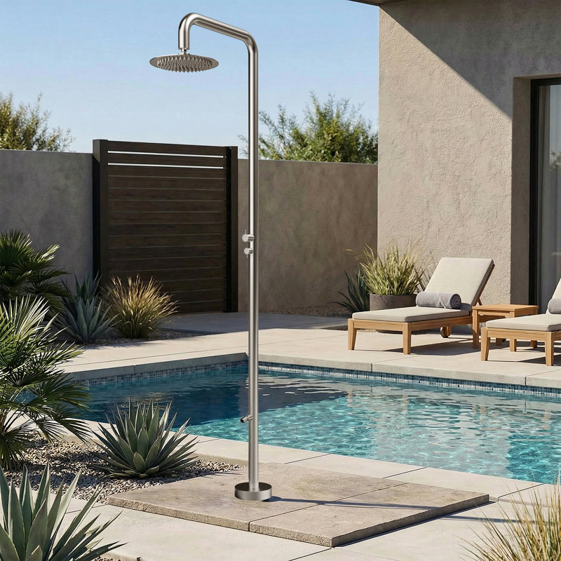 Douche d'extérieur autoportante en acier inoxydable 316 à double fonction uniquement pour eau froide, Nickel brossé