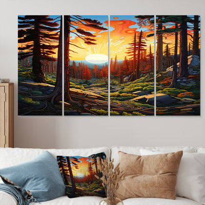 «Warm Sunset Colors In The Mountains Woods - Forest Wall Art Decor», 4 pièces