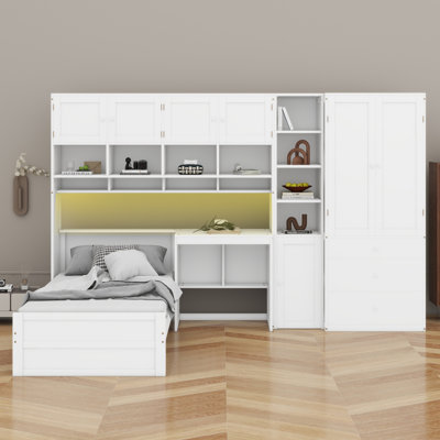 All-in-One Wooden Platform Bed with Desk, Wardrobe, Cabinets & Storage Shelves