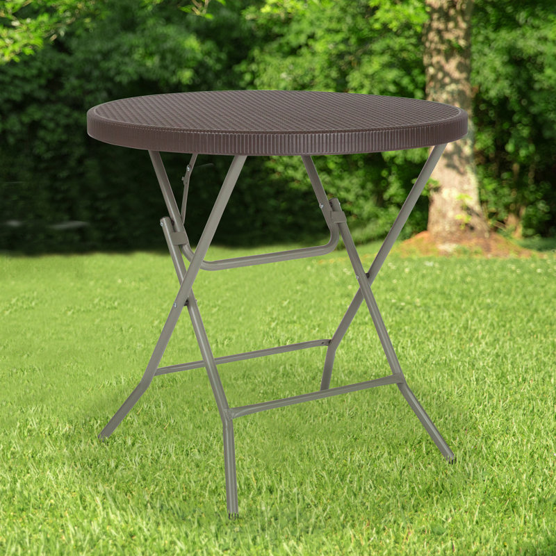 Petite Round Gray Metal Folding Table with Brown Plastic Top