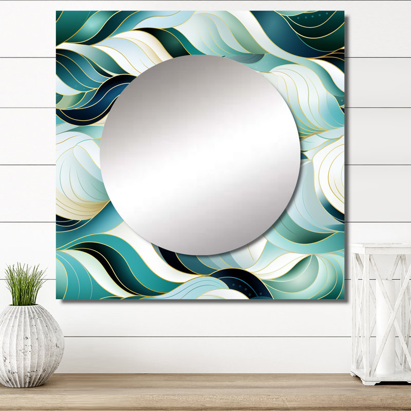 Coastal Emerald and White Geometric Charm - Grand miroir carré moderne pour décoration murale, 29 po x 29 po