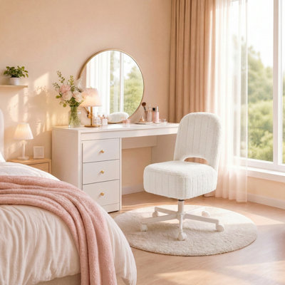 Tabouret de coiffeuse à hauteur réglable avec rangement, dossier pliable et roulettes silencieuses, repose-pieds en fausse fourrure douce pour la chambre à coucher, le bureau et le salon