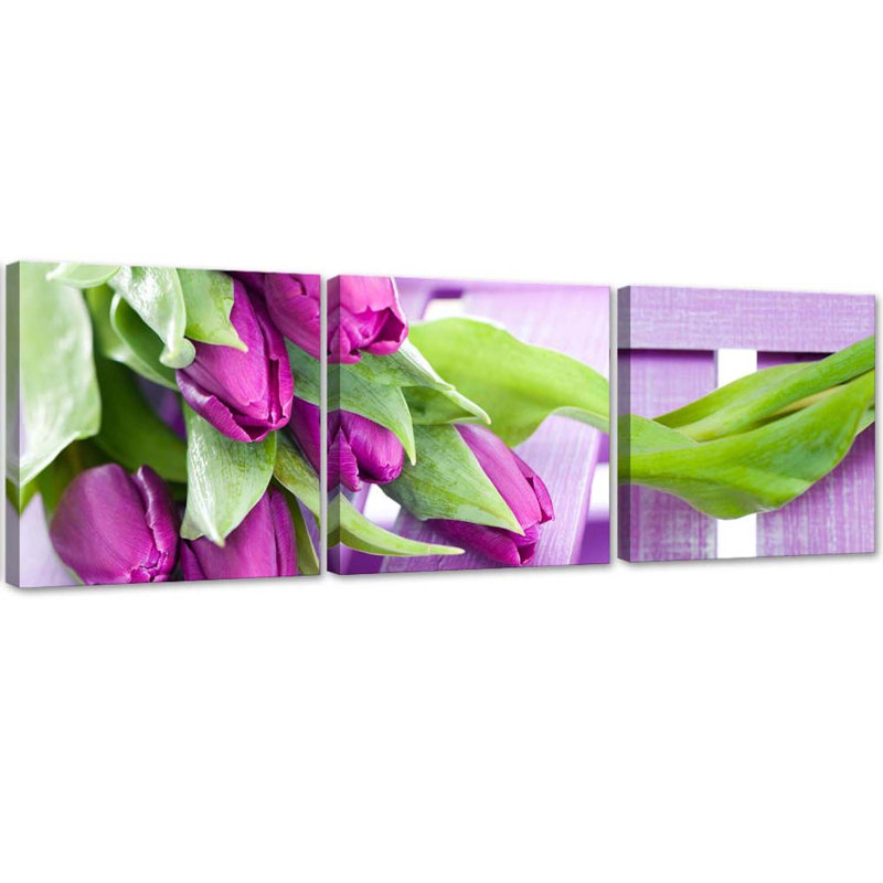 Pink Tulips Flowers - 3 Piece No Frame Print on Canvas, 40cm H x 120cm W