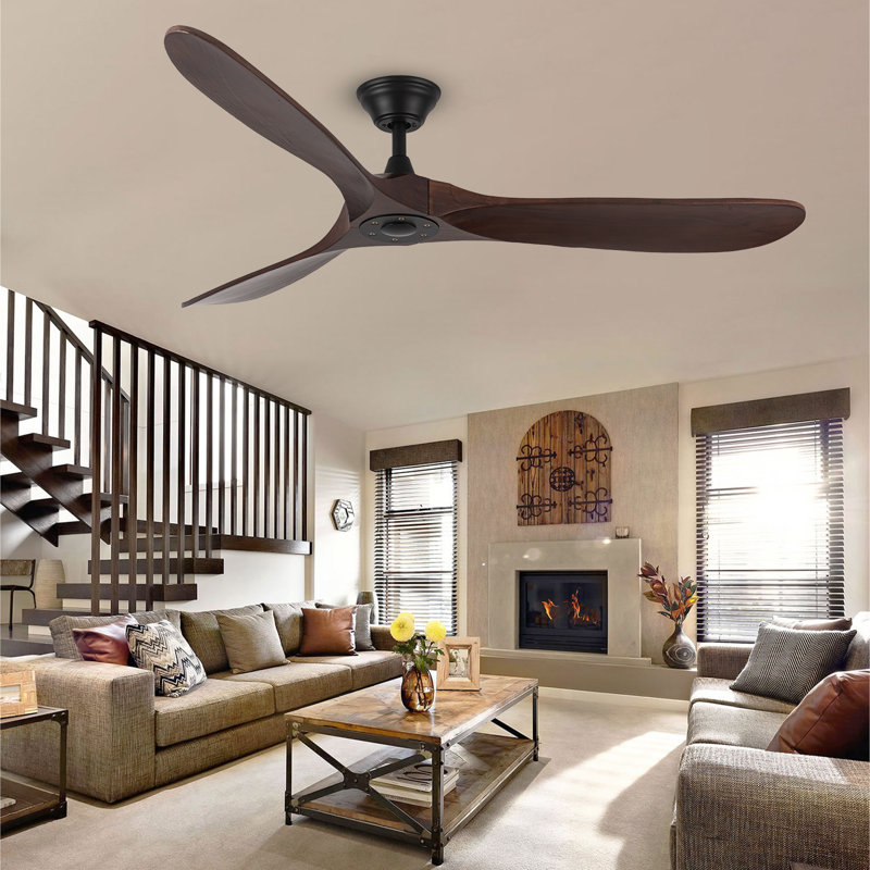 Solid Wood Ceiling Fan with  Remote, 152cm, Brown