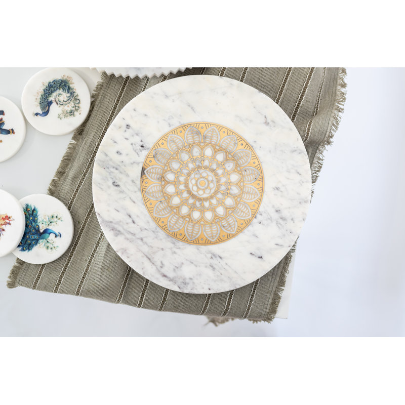 Plateau tournant en marbre blanc avec motif mandala doré, 12 po