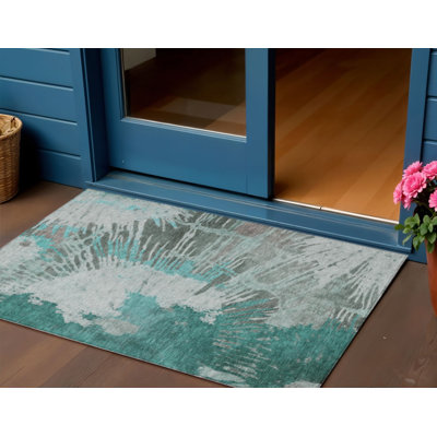 Tapis extérieur lavable abstrait vert foncé 3 pi x 5 pi turquoise et gris