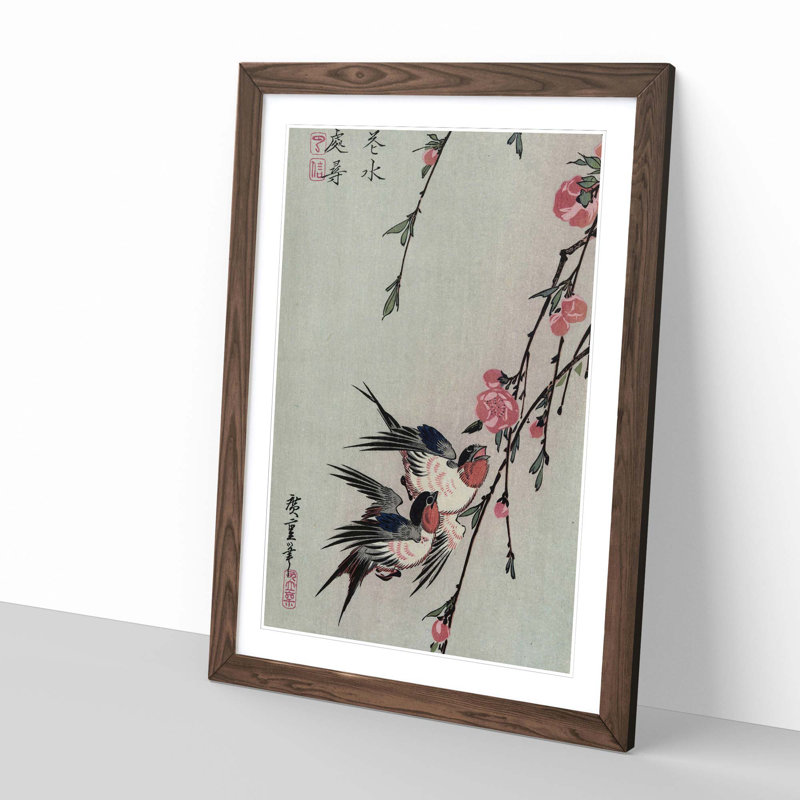 Japanese Oriental Moon Swalls Peach Blossoms by - Framed Print, Walnut