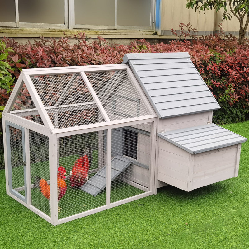 Gray Wooden Chicken Coop with Ramp and Waterproof Roof