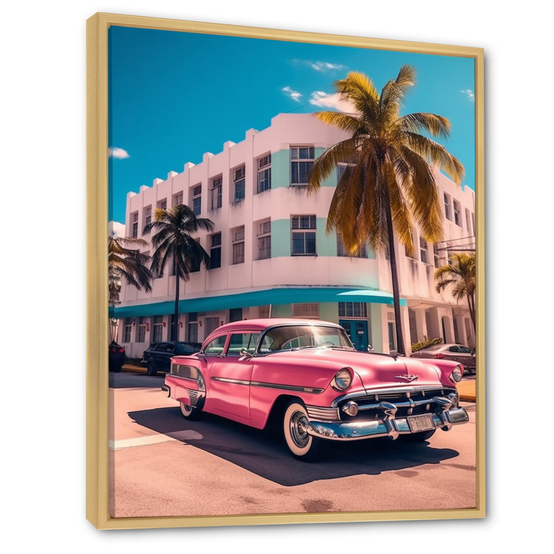 Miami Ocean Drive Pink Drive, reproduction d'art sur toile, H 32 po x l 16 po x P 1 po, Cadre flottant érable