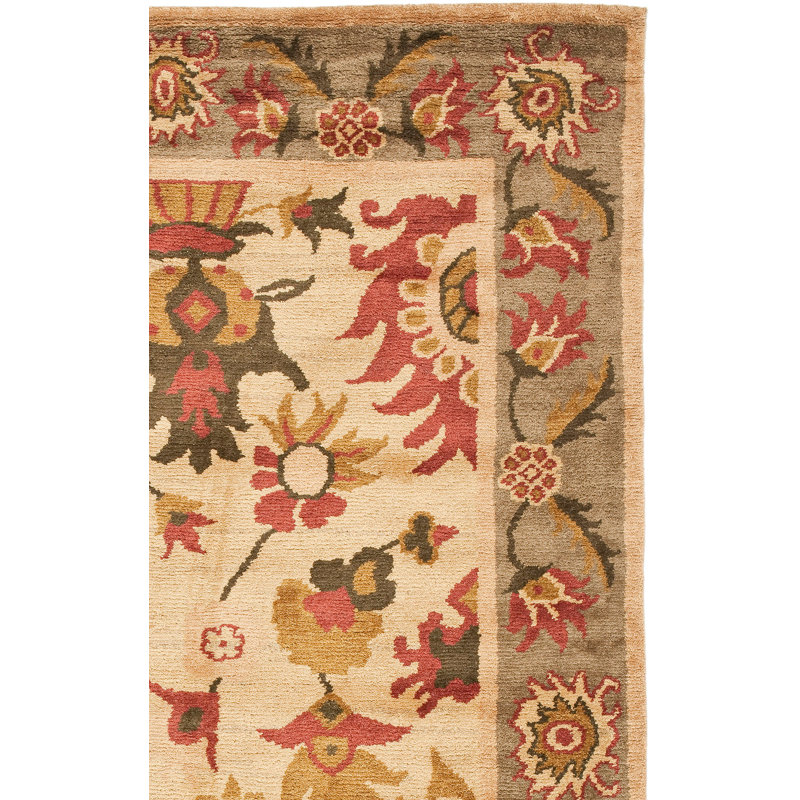 Rectangle  Floral Hand-Knotted Wool Area Rug in Ivory/Sage, Rectangle 9' x 12'