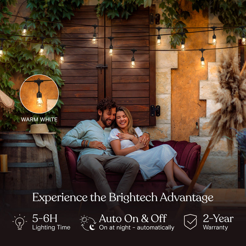 Ambience Pro 27 ft. Heavy Duty Outdoor Solar-Powered LED String Lights with 12 Warm White S14 Bulbs, Weatherproof Cord and 15-Piece Hook Set