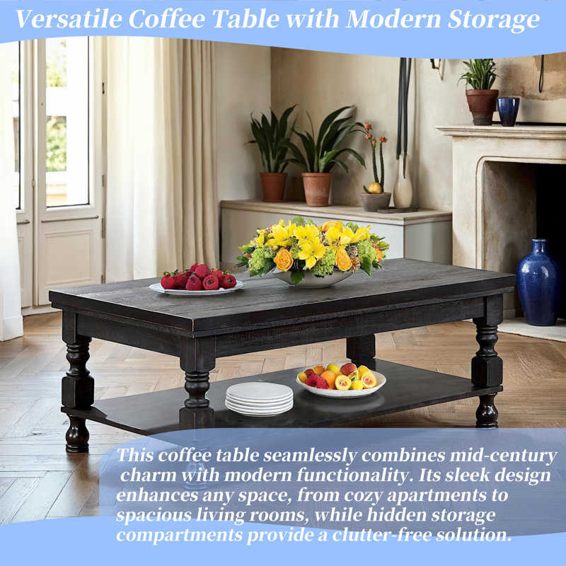 Table basse en bois massif de 47,5 po avec rangement spacieux