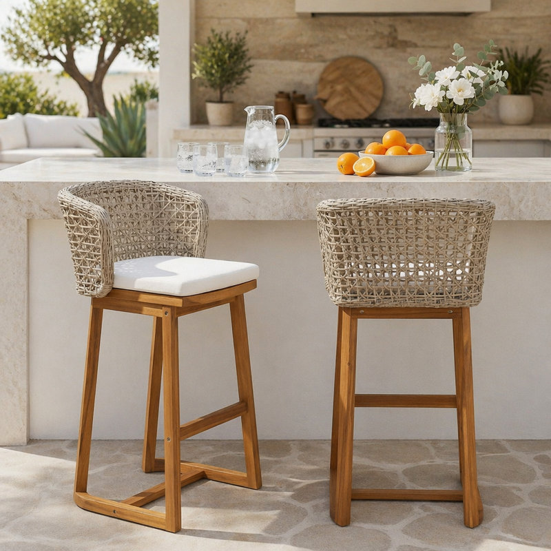 Tabourets de bar durables en bois d'acacia avec coussins beiges et dossier en osier, parfaits pour l'extérieur et l'intérieur, ensemble de 2